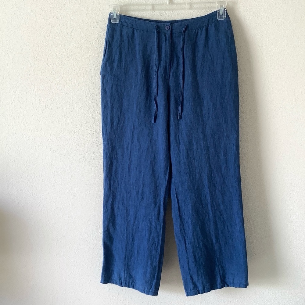 LINEN Straight Leg Pants 12 Cropped Ankle Pocket Nautical Lagenlook Resort Blue